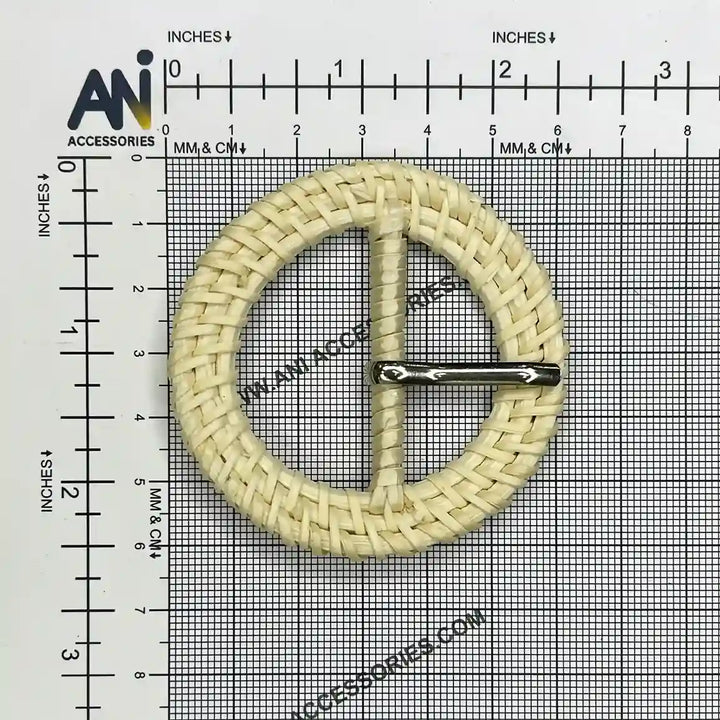 Ani Accessories Circular woven cream raffia buckle placed  on size chart  graph