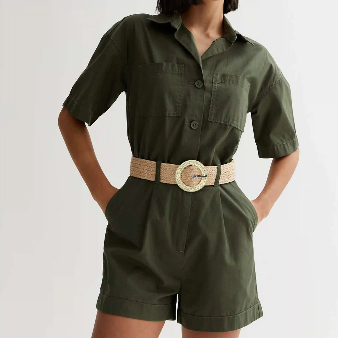 Ani Accessories Women wearing olive green shorts jumpsuit with Woven Cream Circle raffia buckle with prong belt on a white background