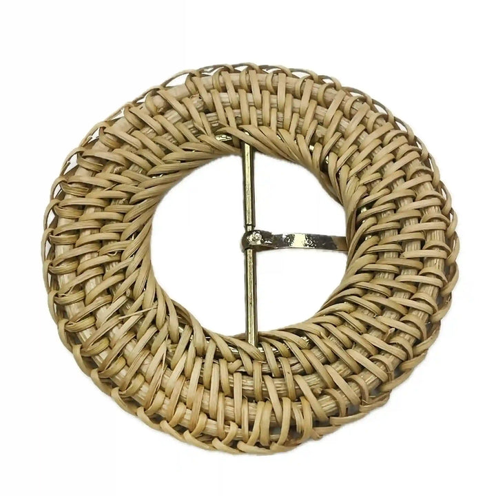 Ani  Accessories zooming image of rattan knitting inspired circular raffia buckle  with gold prong on white background 