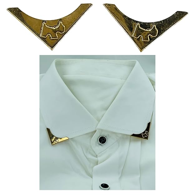 Ani Accessories | Zooming image of golden dog embossed  collar clip with image of how its look on white folded shirt.