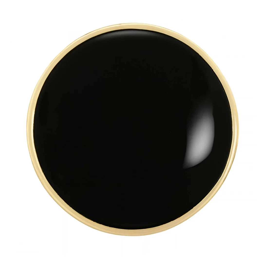 ANI Accessories black resin gold rim metal button in 28mm, full-frame close-up of the high-gloss black face and polished gold rim