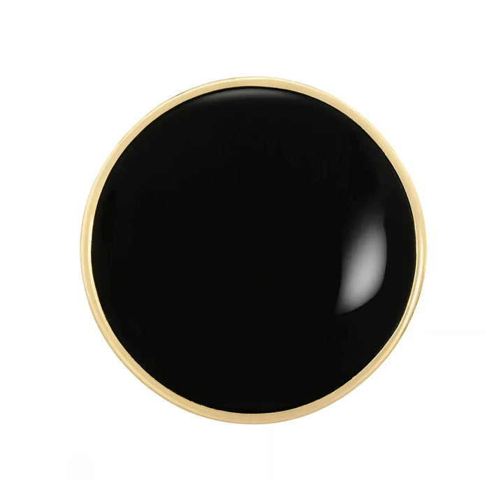 ANI Accessories black resin gold rim metal button in [23]mm, close front view of the high-gloss face and polished gold rim