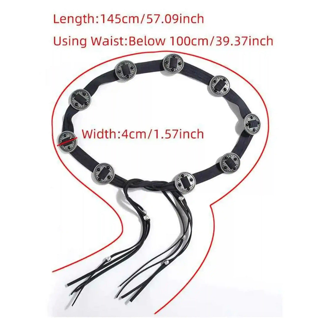 Ani Accessories Black suede belt with  decorative metal coin, shown size details measurements on a white background. A perfect womens boho belt for jeans & dresses.