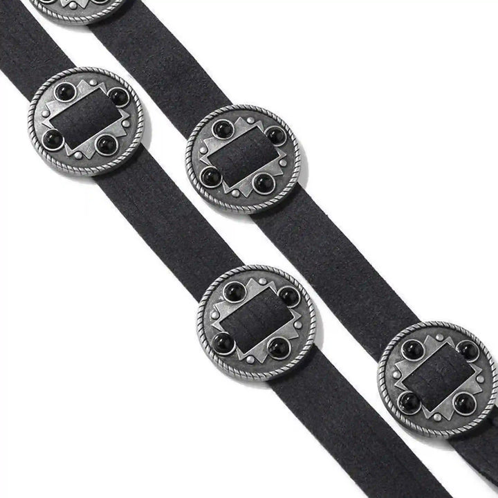 Ani accessories zooming black suede belt with decorative metal coin. A perfect womens boho belt for dresses, jeans & more.