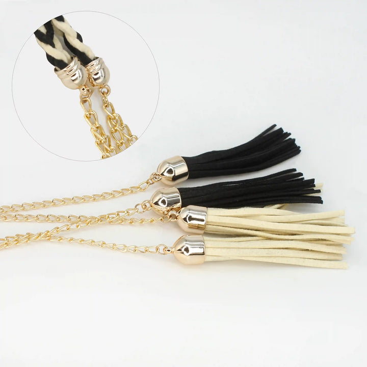 Ani accessories suede belt -  zooming image on tassels attached with gold chain in the rope belt shown in a white background.