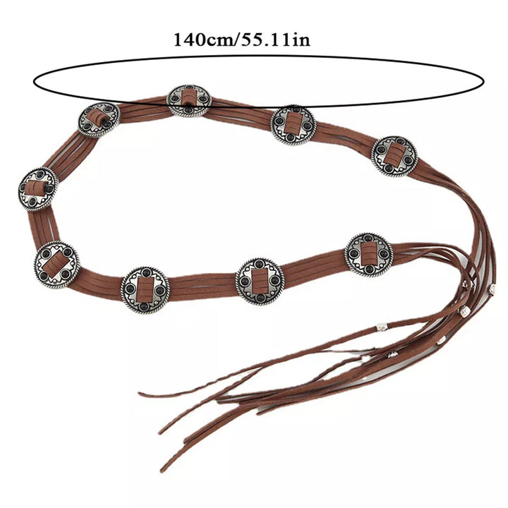 Ani Accessories brown suede belt in a boho-style design with size shown on a white background. This suede belt is perfect for jeans, skirts, dresses, and more.”