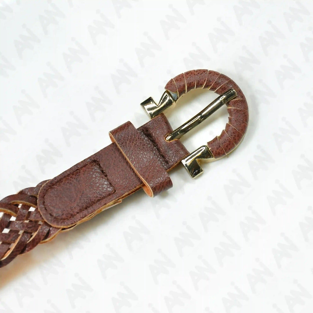 Ani accessories brown suede belt with braided belt straps & buckle on a white background. These designer waist belt perfect for casual to formal fit.