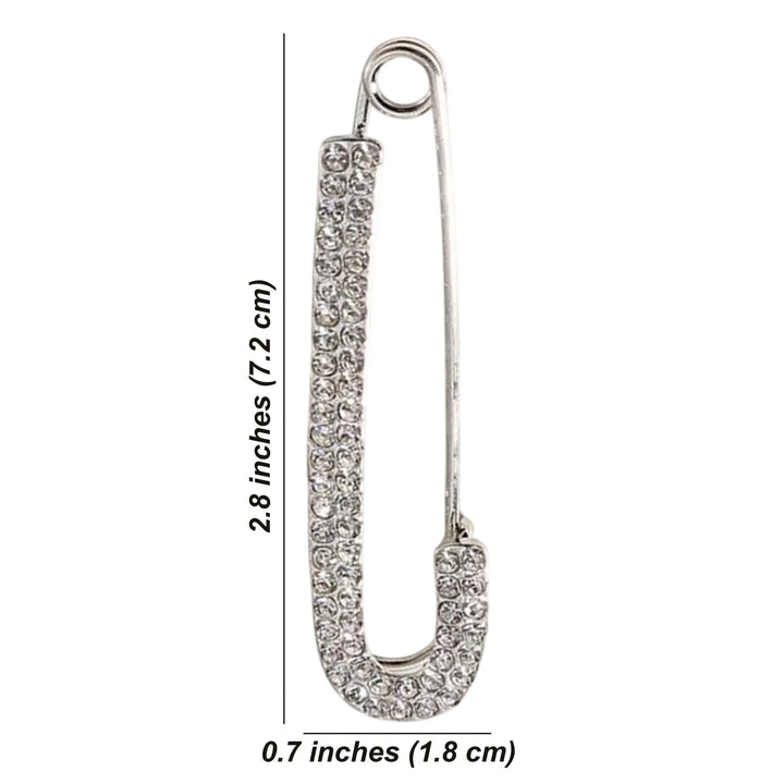 Ani Acessories Silver safety pin with rhinestone and shown size measurements on a white background.