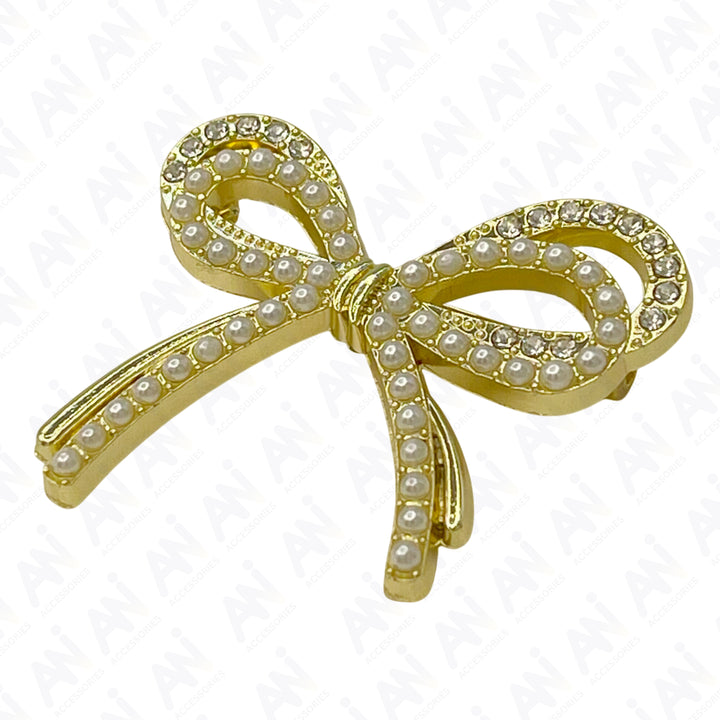 Bow Style Pearl Rhinestone Brooch