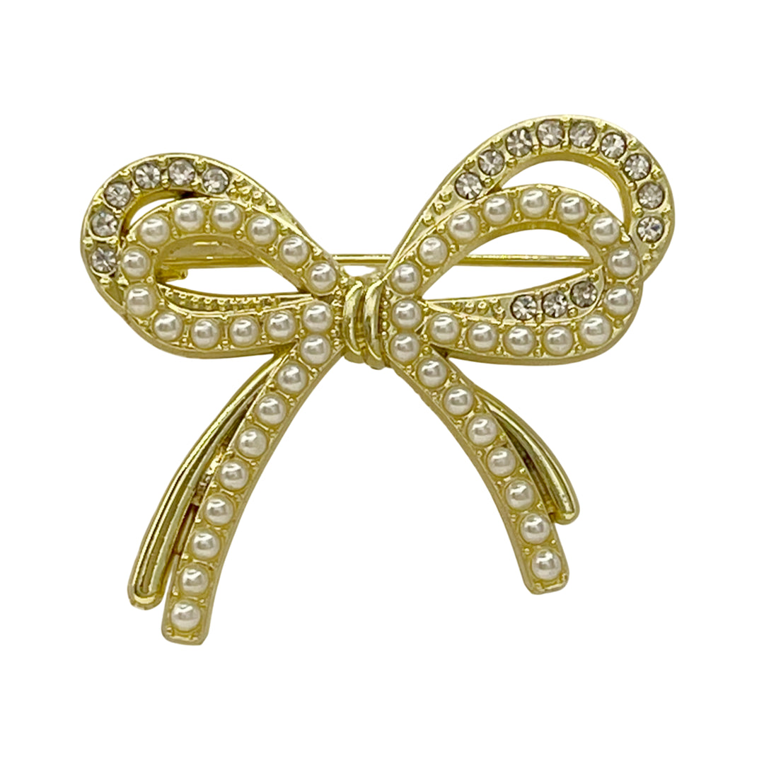 Bow Style Pearl Rhinestone Brooch