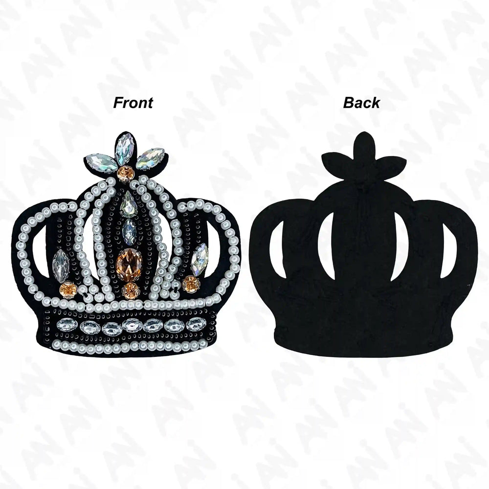 Beaded Crown patch by Ani Accessories showing front and back, detailed beadwork applique for jackets, bags, and DIY fashion