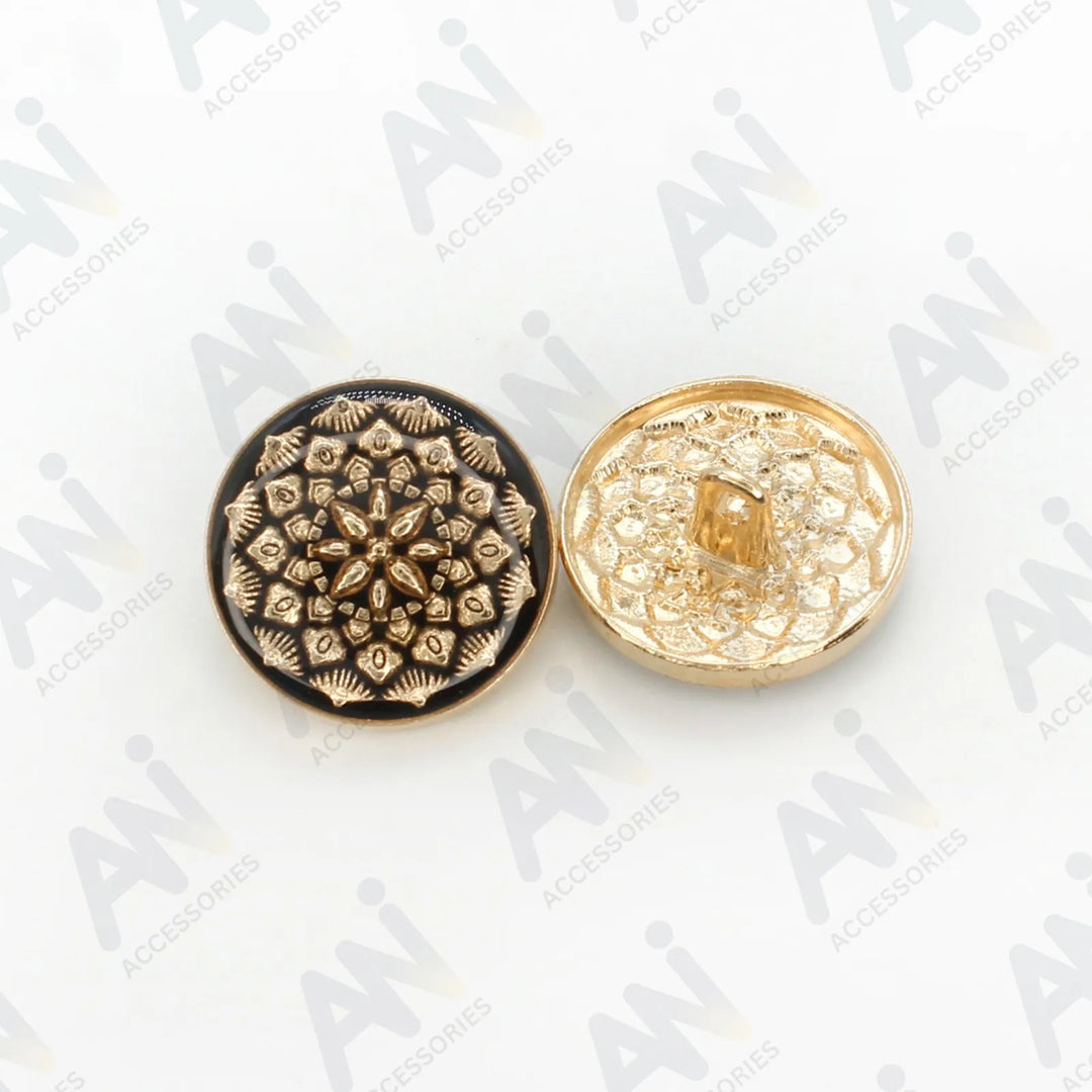 Black and Gold color combination metal floral buttons by Ani Accessories come in the shank buttons category.