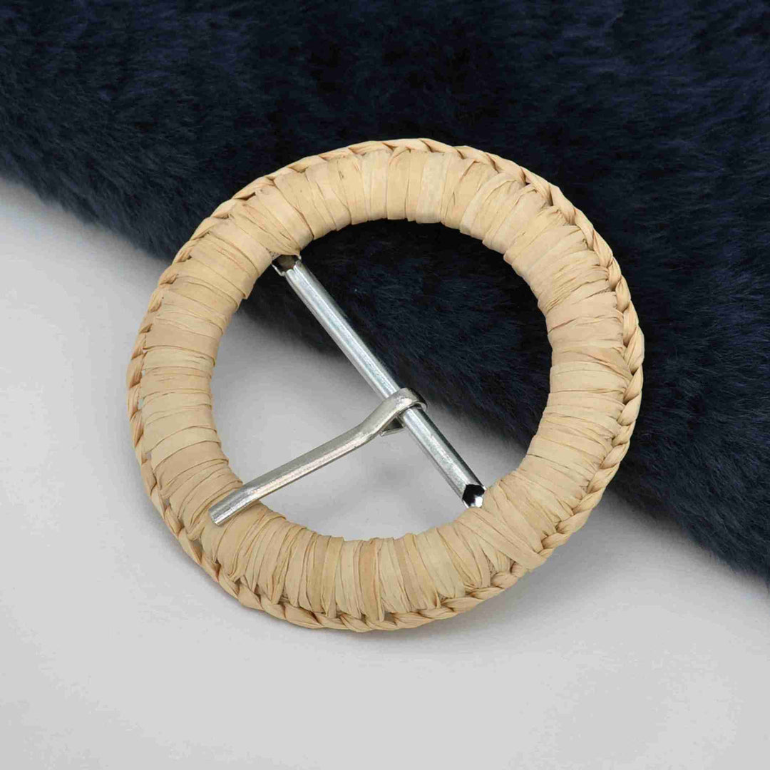 Boho style handmade raffia prong buckle natural woven belt buckle ideal for bags dresses garments and DIY craft use.