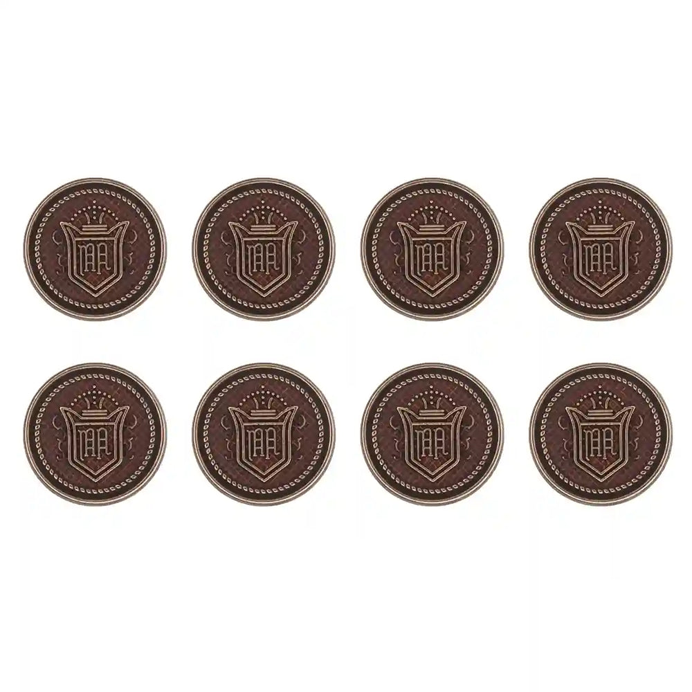Brown color royal regalia design antique metal buttons by Ani Accessories. perfect for customizing attire and wardrobe.