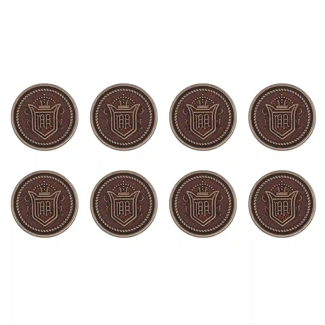 Brown color royal regalia design antique metal buttons by Ani Accessories. perfect for customizing attire and wardrobe.