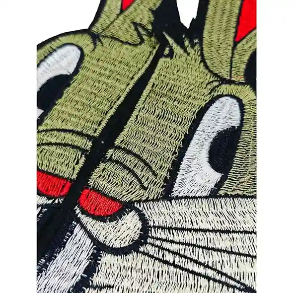 Bugs Bunny Patch by Ani Accessories macro close-up, highlighting embroidery threads and cartoon detail
