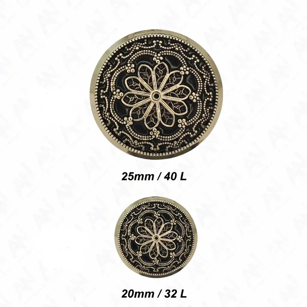 Gold and Black Floral Shank Metal Buttons | 20mm(32L) & 25mm(40L)