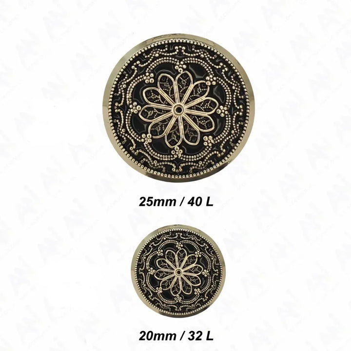 Gold and Black Floral Shank Metal Buttons | 20mm(32L) & 25mm(40L)