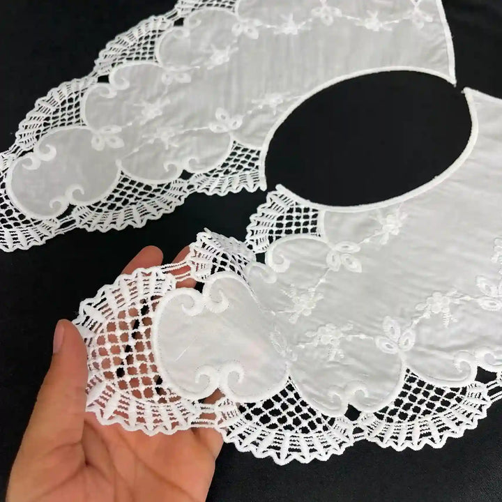 Classic Broderie Anglaise Peter Pan collar with intricate perforated embroidery and timeless feminine charm