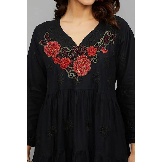 Classic roses floral embroidered neckline with fine detailing for elegant ethnic garment styling