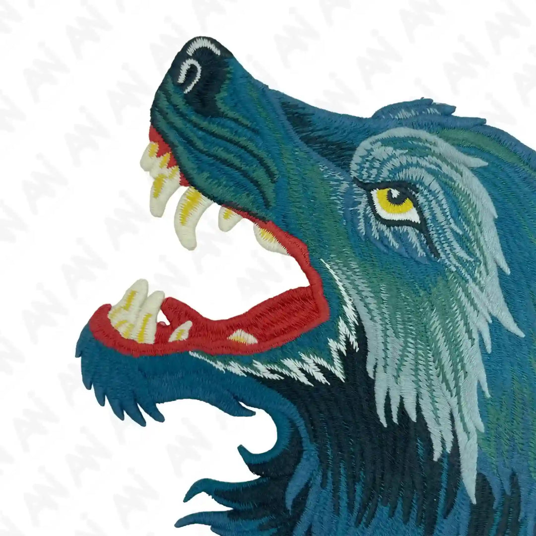 Close-up of wolf sew patch by Ani Accessories, detailed animal applique showing texture, stitching, and premium quality