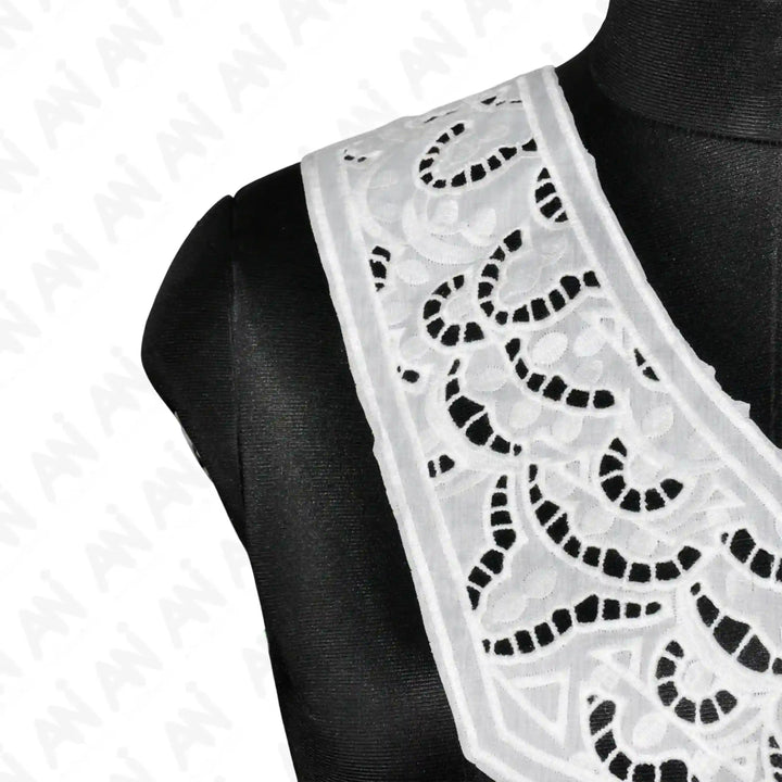 Close up shoot of Cutwork yoke neck collar by Ani Accessories with delicate floral motifs, ideal for tailoring and custom clothing projects.