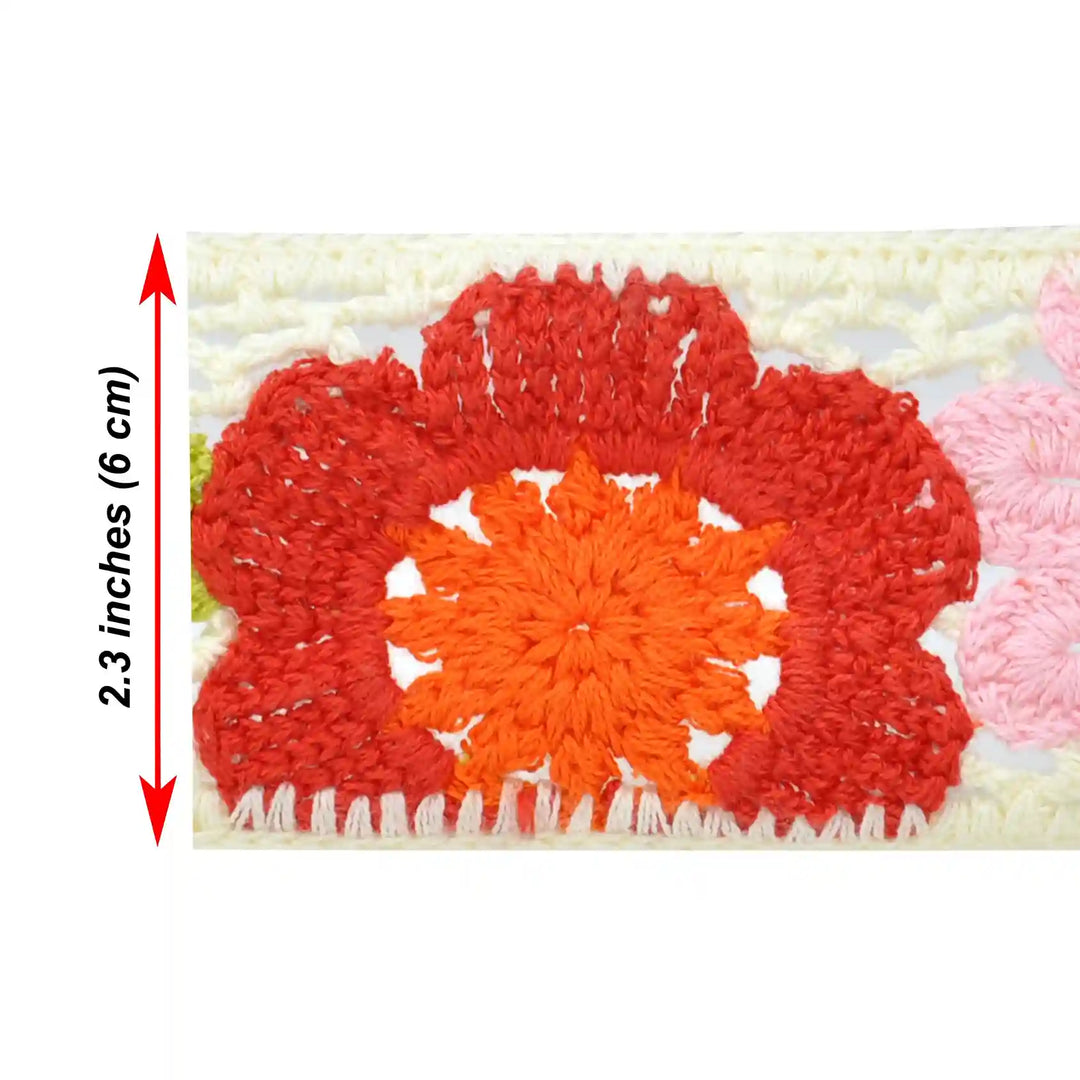 Showing dimension of the Crochet lace with a red and orange flower, showing on a white background.