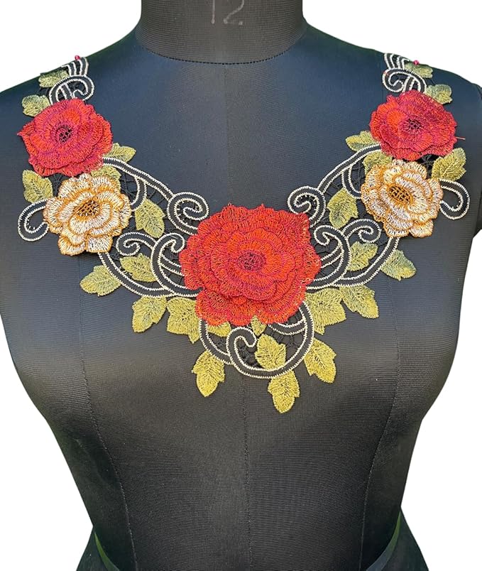 Crimson and gold flower embroidered ethnic neckline by Ani Accessories with rich detailing for kurtis and dresses