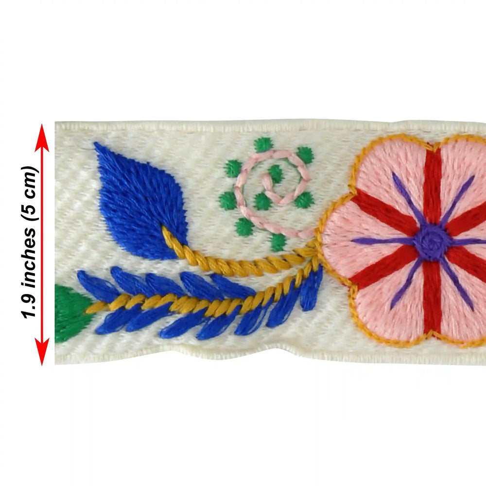 Crochet lace with embroidered floral design with blue, pink, and red colors on a white background| Ani Accessories 