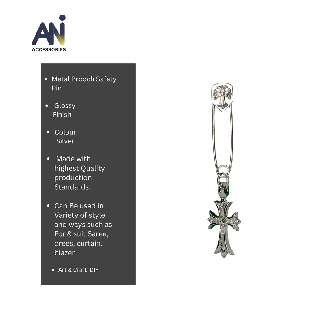 Silver cross metal brooch style safety pin with ANI Accessories branding on a white background