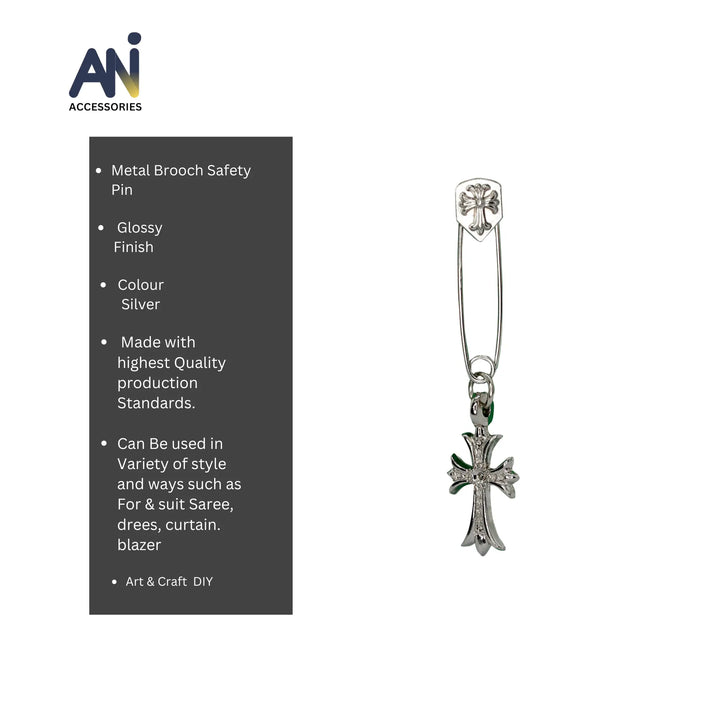 Silver cross metal brooch style safety pin with ANI Accessories branding on a white background