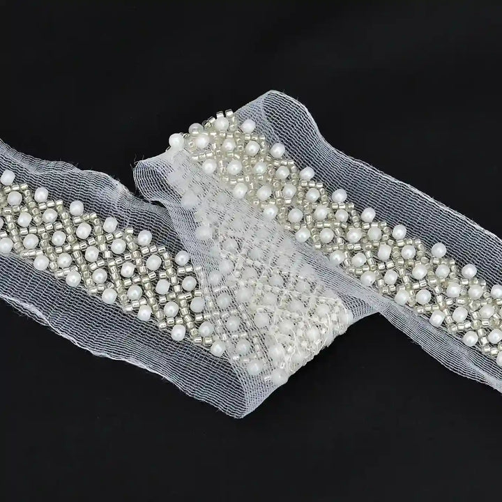 Pearl and Silver Beaded Netting Trim