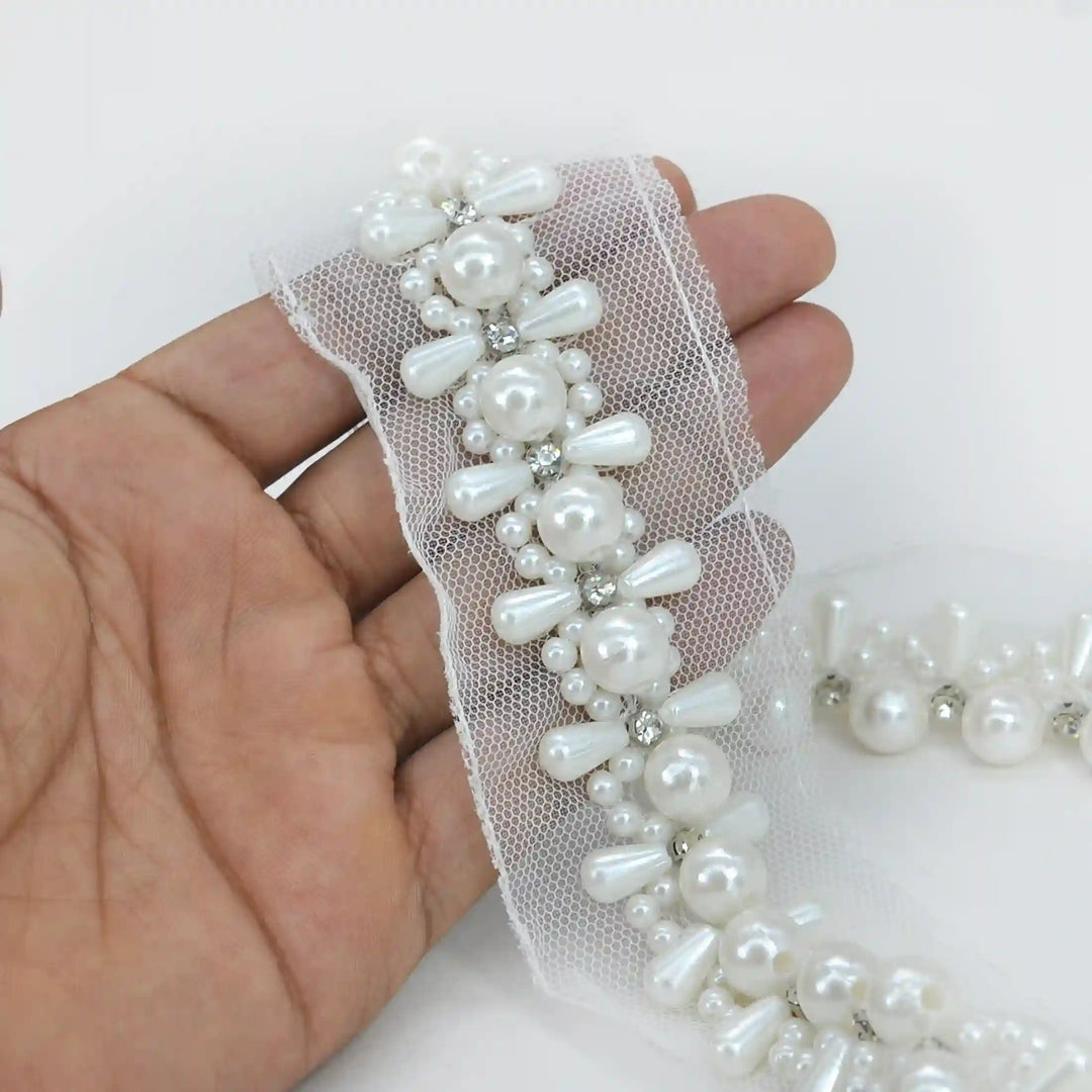 Pearl Cluster Lace Trim on Soft Net