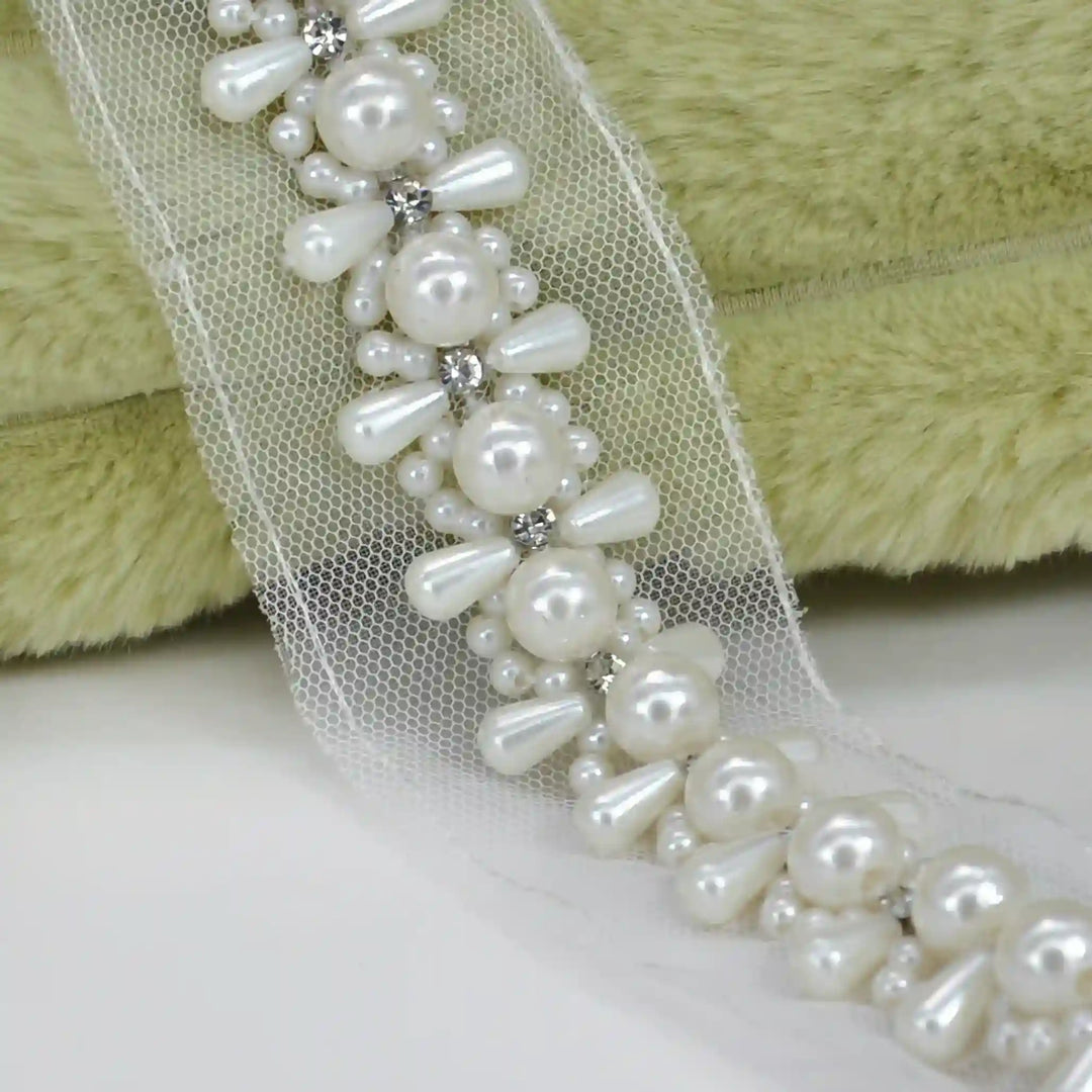Pearl Cluster Lace Trim on Soft Net