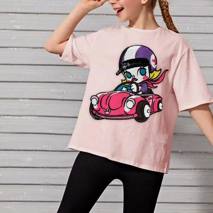 Pink Car Girl Large Sew Patch