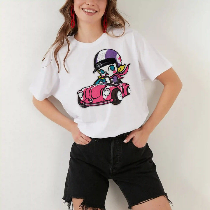 Pink Car Girl Large Sew Patch