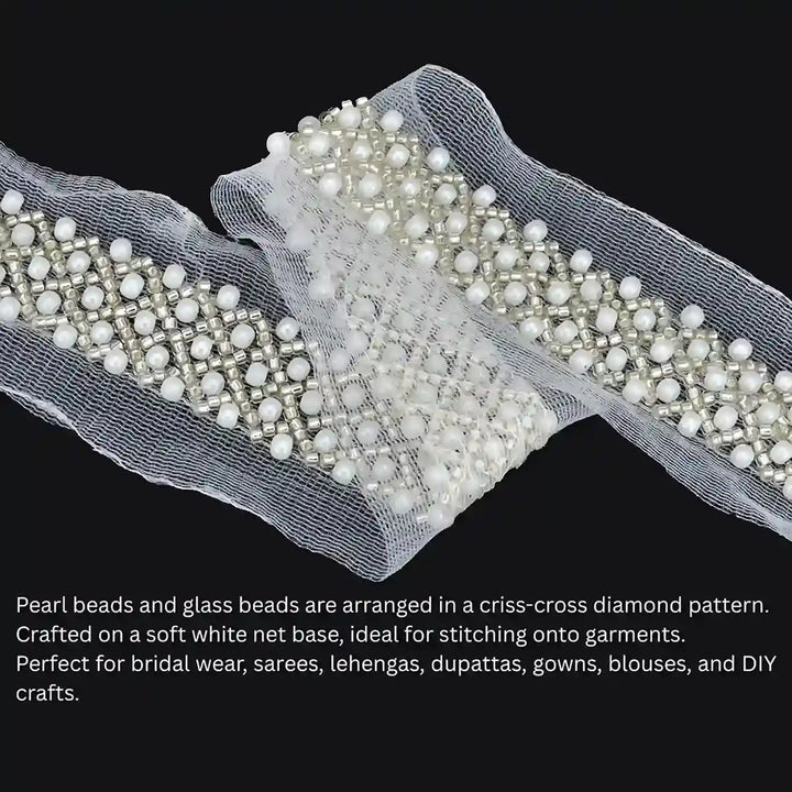 Pearl and Silver Beaded Netting Trim