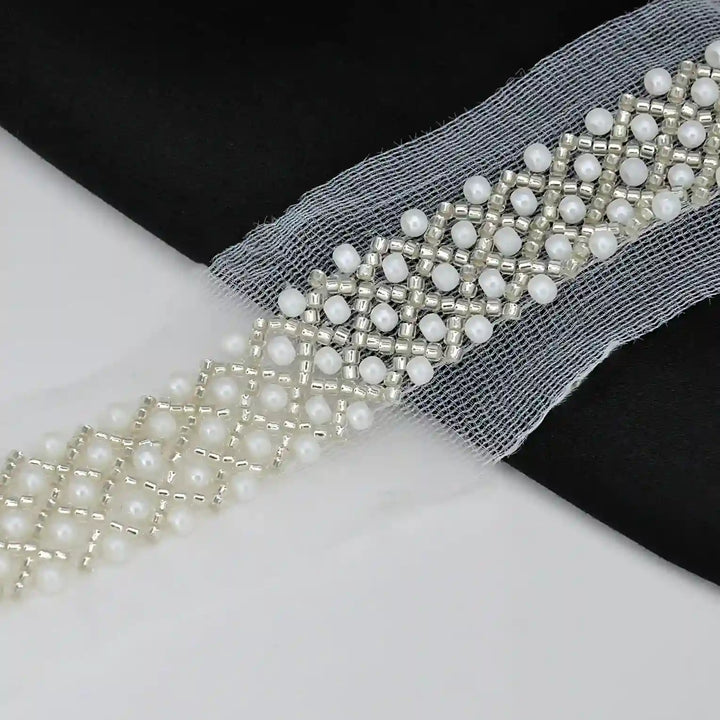 Pearl and Silver Beaded Netting Trim
