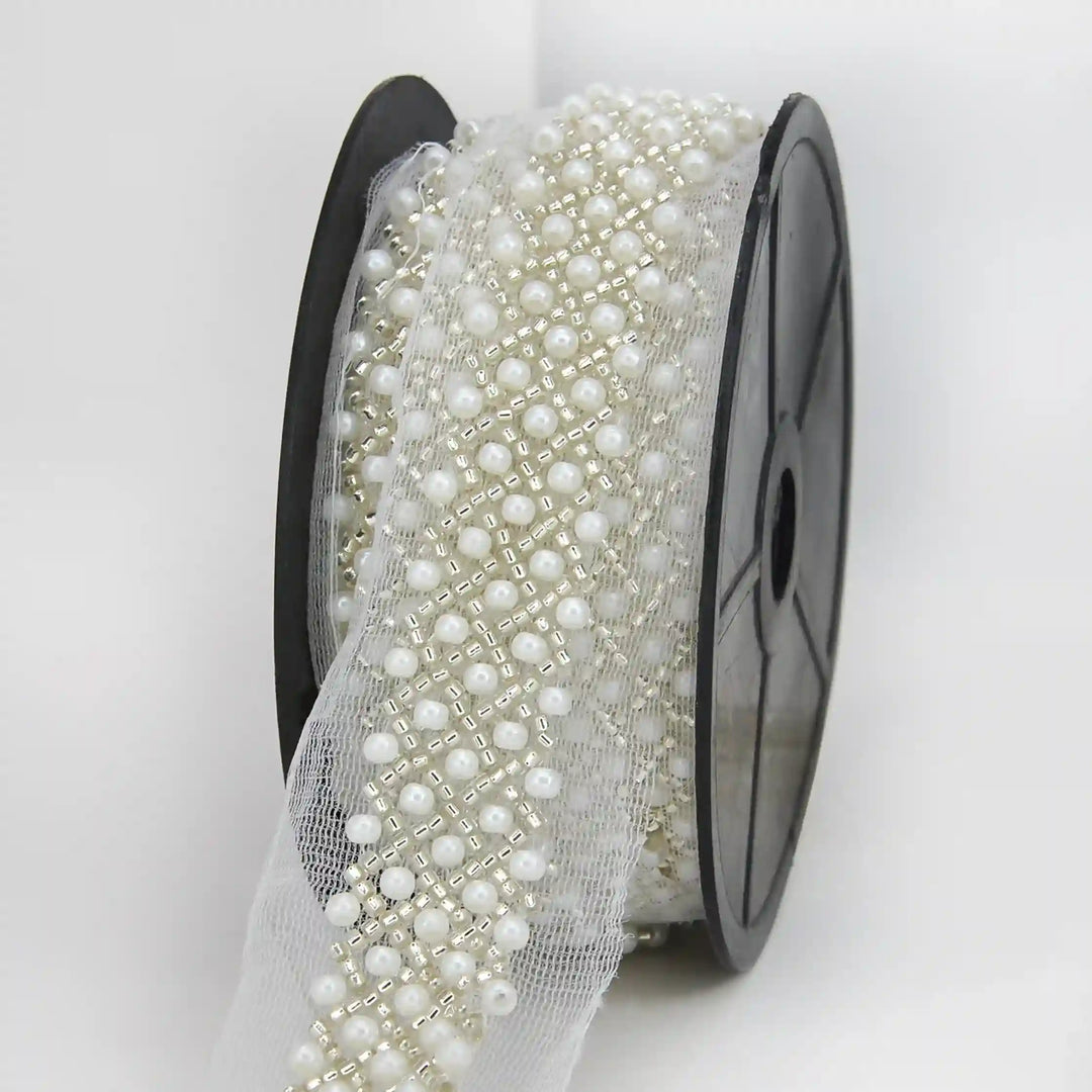 Pearl and Silver Beaded Netting Trim