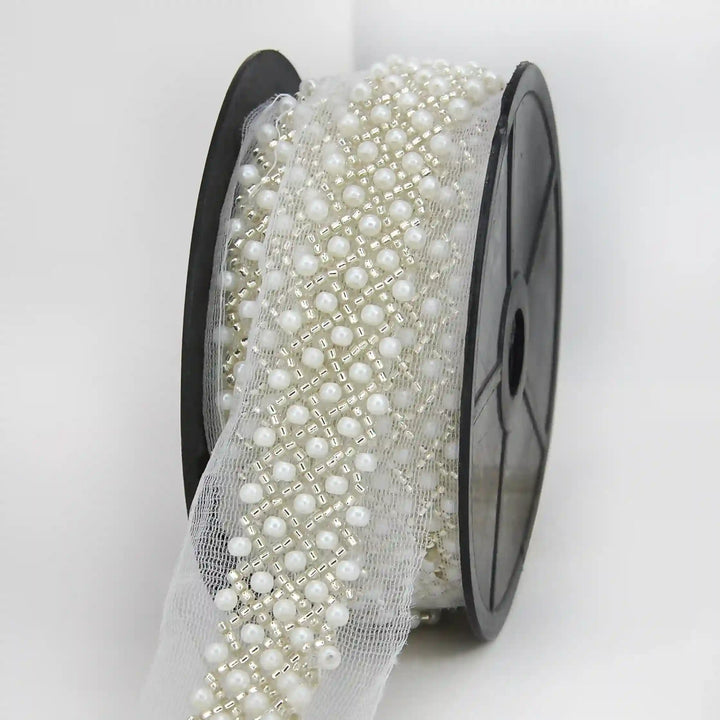 Pearl and Silver Beaded Netting Trim