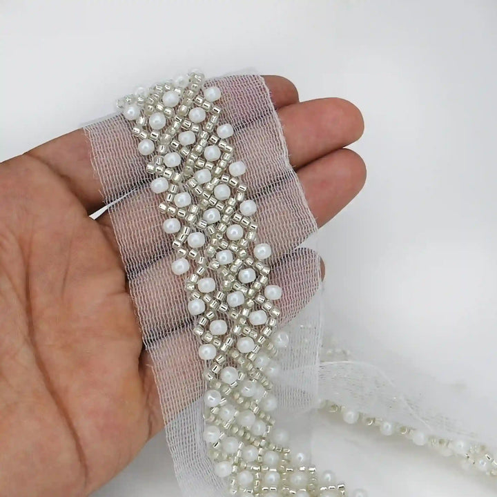 Pearl and Silver Beaded Netting Trim