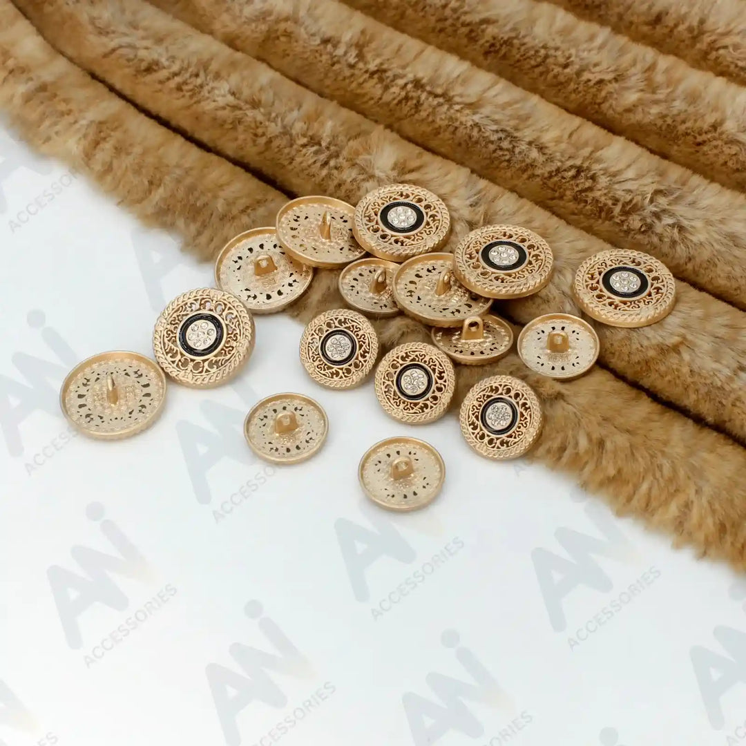 Decorative gold buttons for enhancing fashion by Ani Accessories. suitable for stylish gowns, kurta, and capes.