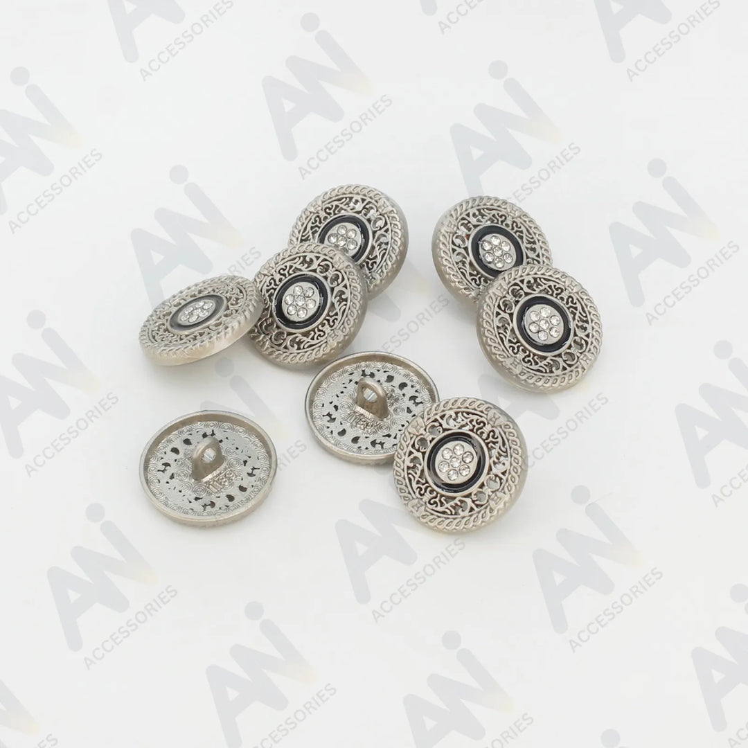 Decorative rhinestone silver metal buttons set, perfect for coats, sherwanis, and blazers by Ani Accessories.