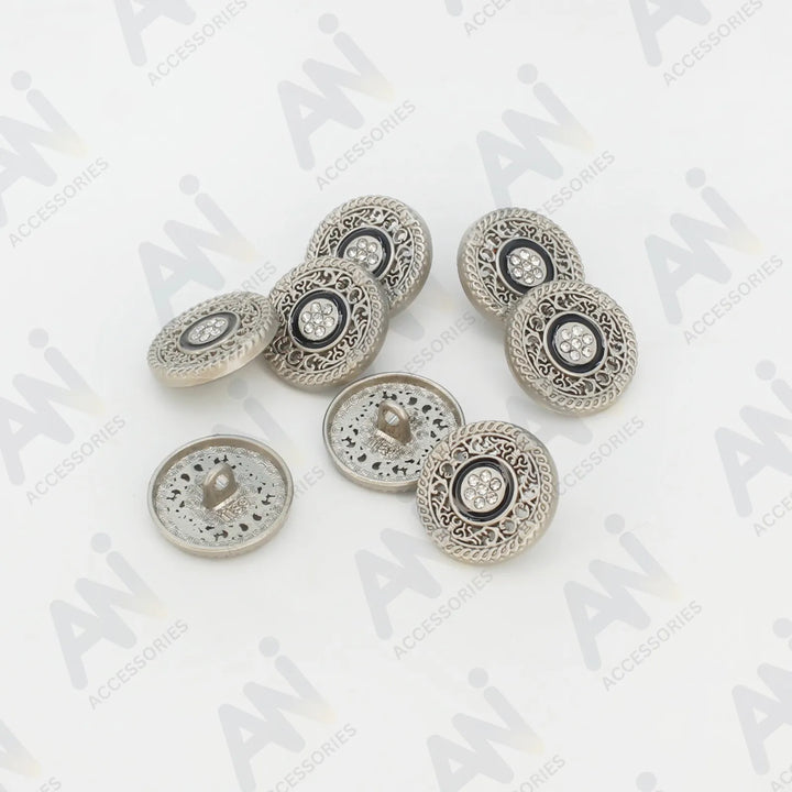 Decorative rhinestone silver metal buttons set, perfect for coats, sherwanis, and blazers by Ani Accessories.