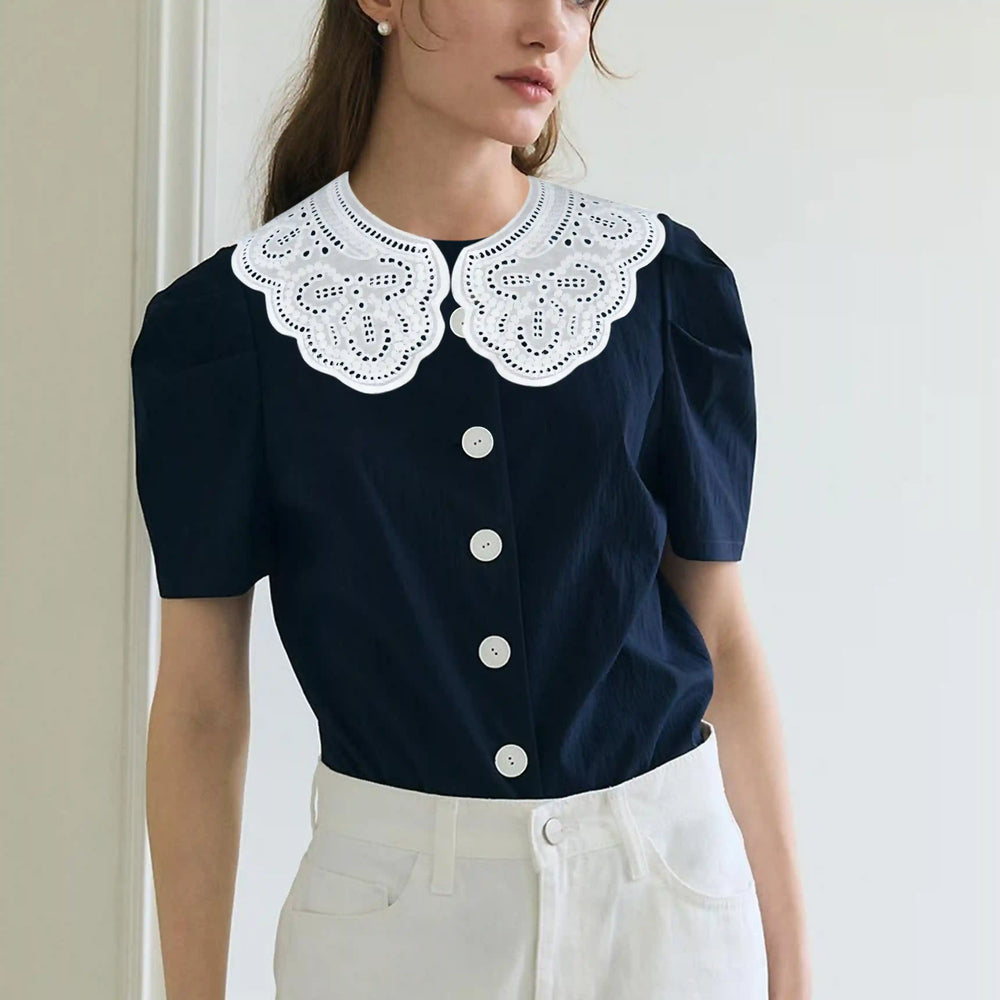 Delicate Floral Guipure Peter Pan collar crafted with detailed lace flowers and soft rounded neckline shape