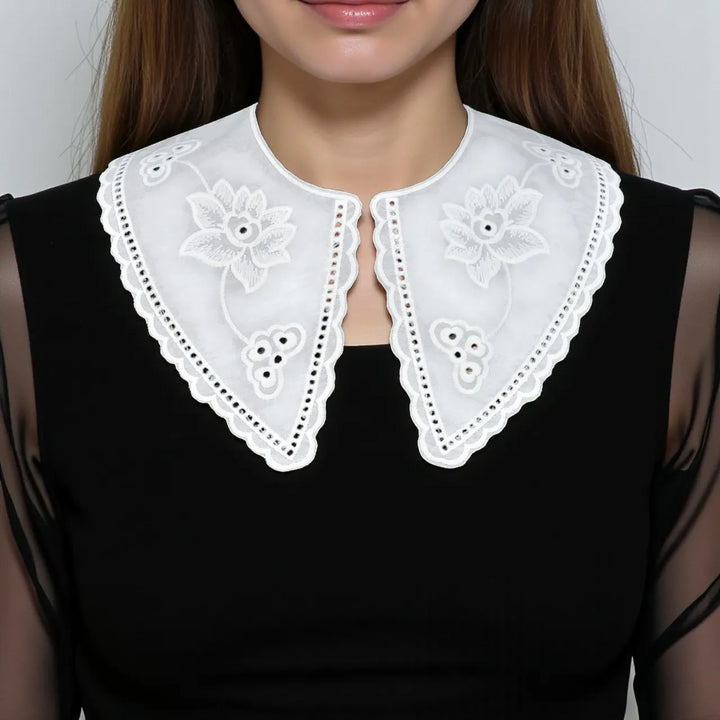 Delicate Venice Lace Peter Pan appliqué crafted in detailed lace with soft rounded neckline silhouette
