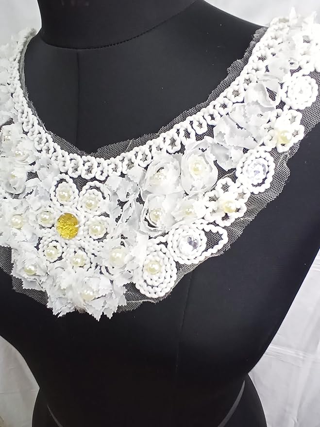 Designer floral neckline embroidery with golden stone center and pearl diamond work