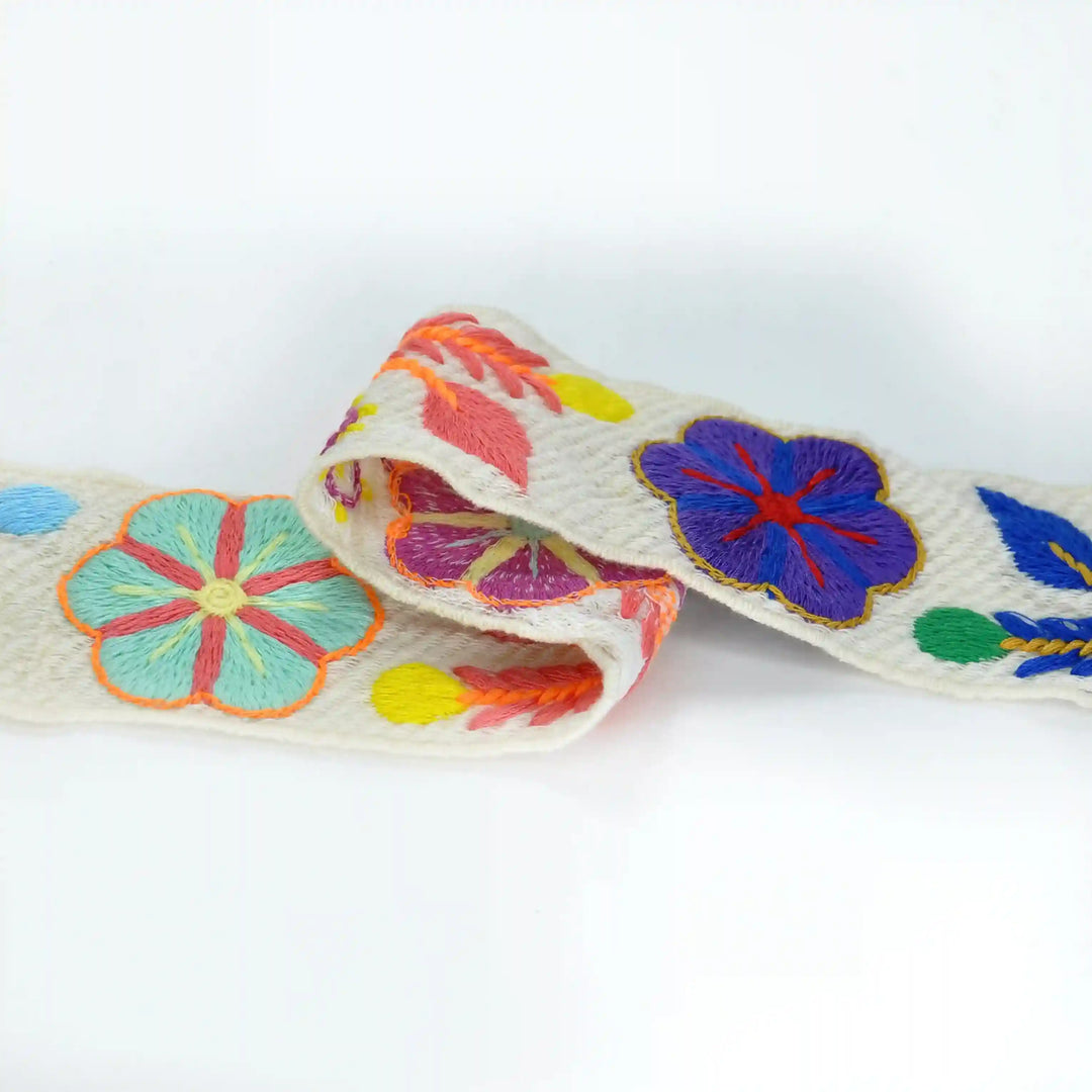 Colorful embroidered Crochet Lace with floral patterns on a white background | Ani Accessories