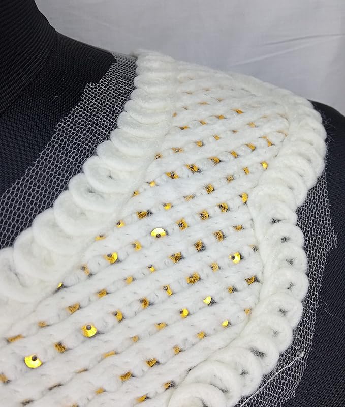 Detailed close-up of golden sequins cross design shoulder neckline showcasing precise sequin placement and elegant finish