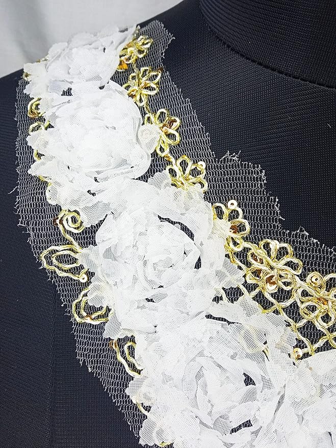Detailed close-up of rose flower golden work dyeable sew-on neck applique embroidery